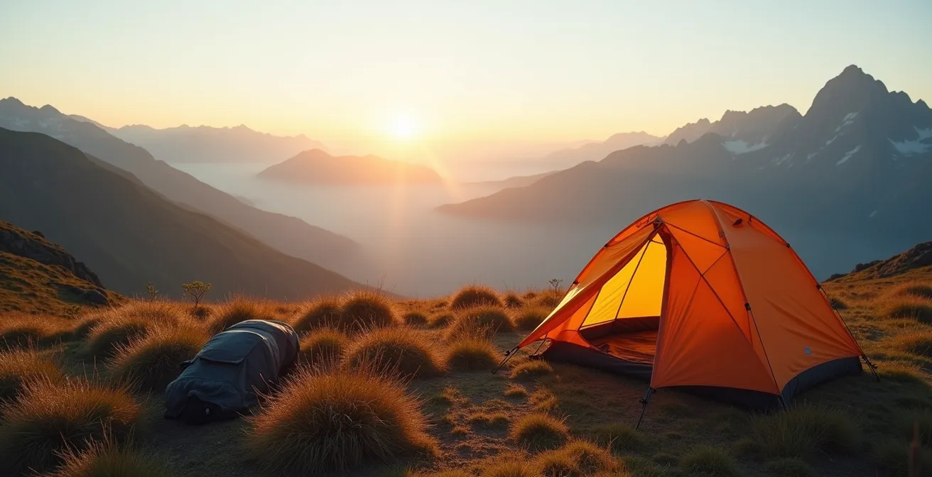 Campement minimaliste en haute montagne au lever du soleil