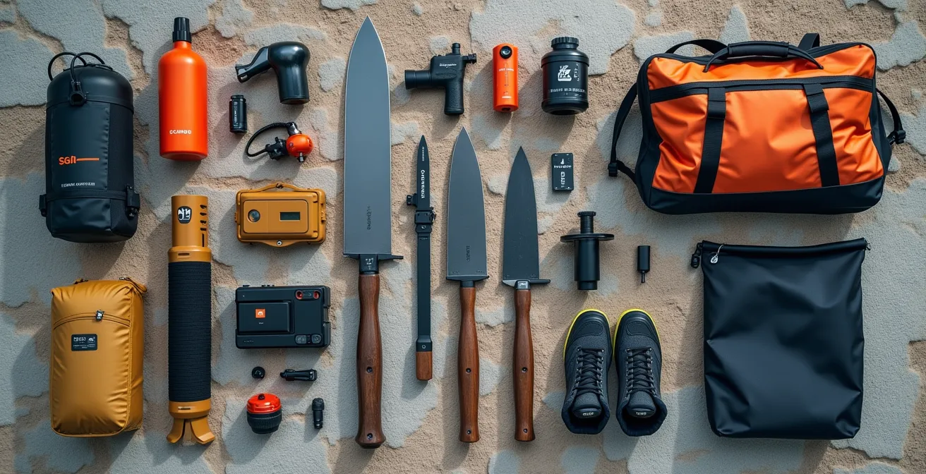 Vue aérienne d'équipements de survie organisés de manière modulaire sur surface rocheuse