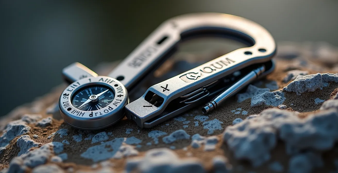 Vue macro d'équipements de survie métalliques sur surface rocheuse