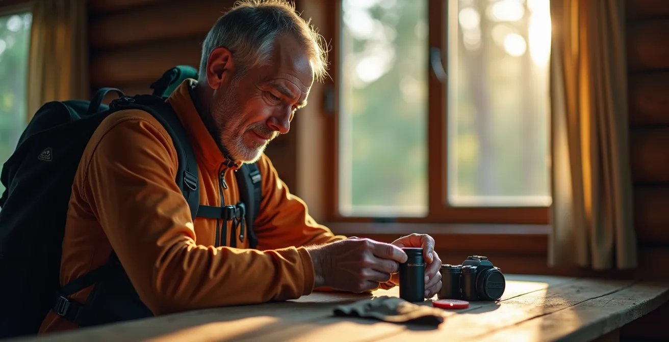 Portrait d'un randonneur serein vérifiant calmement son équipement avant le départ