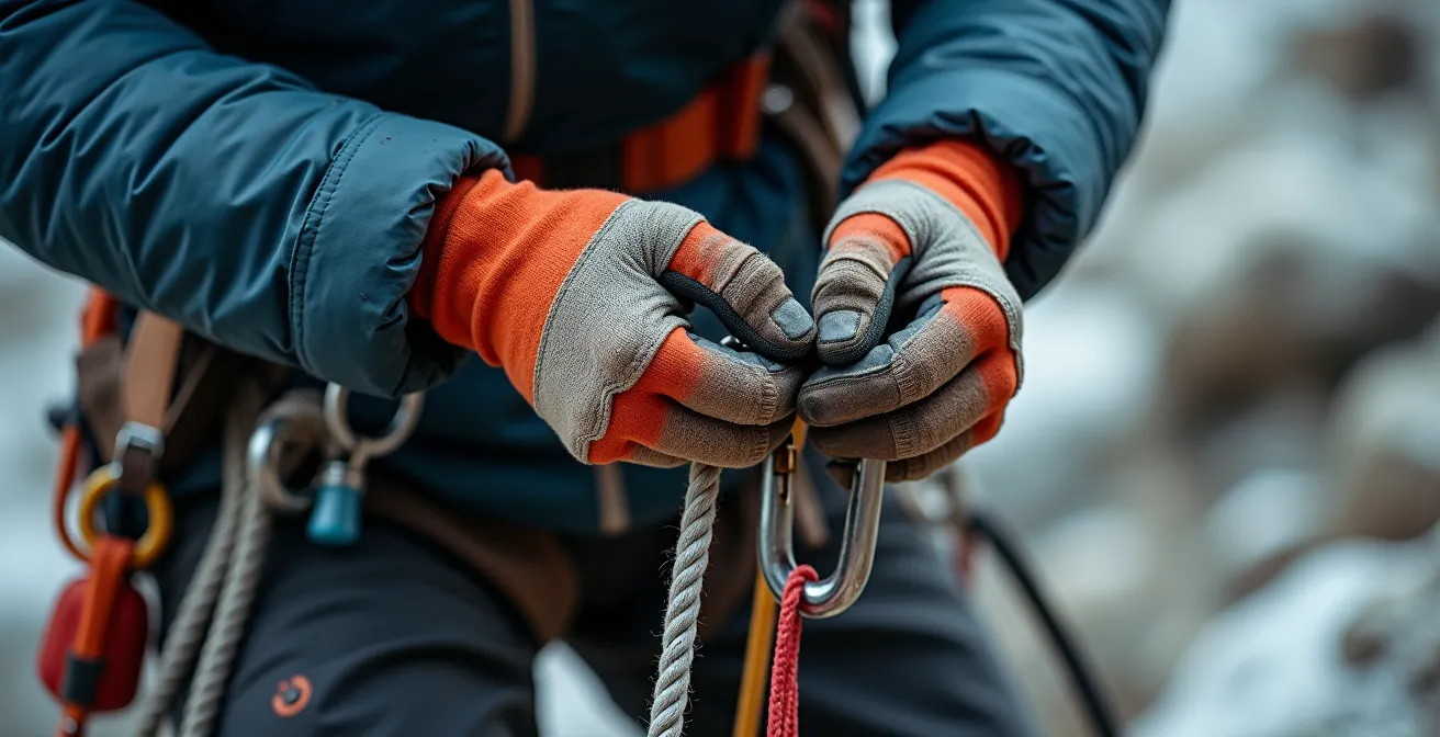 Gros plan sur les mains d'un secouriste manipulant du matériel technique en haute montagne